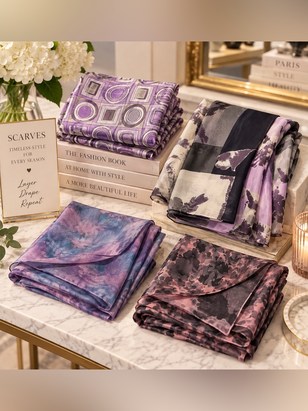 Assorted Scarves in Shades of Purples - 3 are Silk & One Polyester - 4 Scarves.